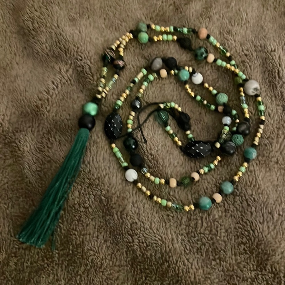 Handmade Artisan Upcycled Long Boho Hemp Beaded Tassel Necklace Green & Black